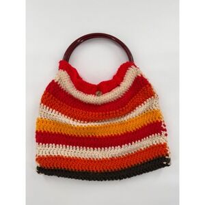 Handmade Crochet Striped Boho Handbag Red Orange Cream with Resin Handle